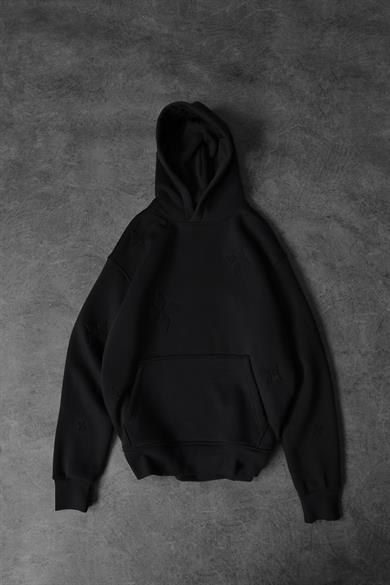 Erkek Siyah Tona Ton Nakışlı Oversize Kapüşonlu Sweatshirt