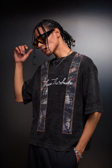 Erkek Siyah Trace Patch Box Fit Yıkama Efektli Tshirt