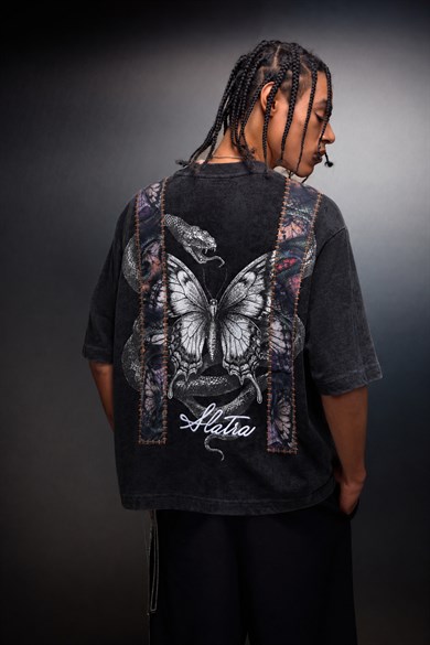 Erkek Siyah Trace Patch Box Fit Yıkama Efektli Tshirt