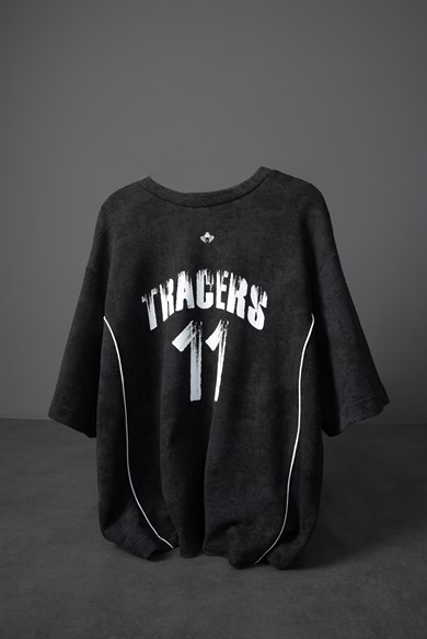 Erkek Siyah Tracers 11 Baskılı Yıkama Efektli Oversize Tshirt