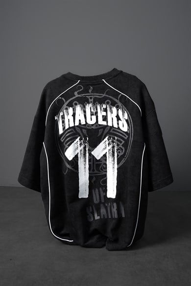 Erkek Siyah Tracers 11 Baskılı Yıkama Efektli Oversize Tshirt