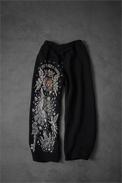 Erkek Siyah Universal Nakışlı Baggy Eşofman