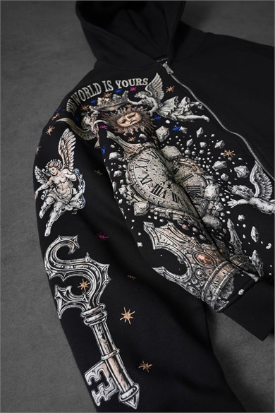 Erkek Siyah Universal Nakışlı Oversize Full Zip Hoodie