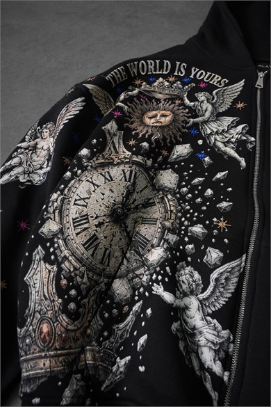 Erkek Siyah Universal Nakışlı Oversize Full Zip Hoodie