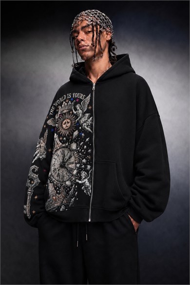 Erkek Siyah Universal Nakışlı Oversize Full Zip Hoodie
