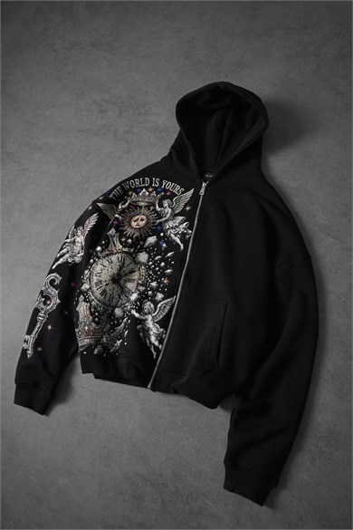 Erkek Siyah Universal Nakışlı Oversize Full Zip Hoodie