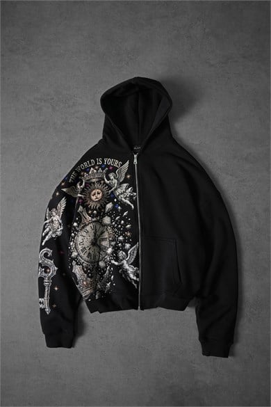 Erkek Siyah Universal Nakışlı Oversize Full Zip Hoodie