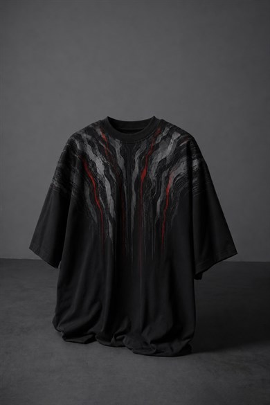 Erkek Siyah Vein Baskılı Oversize Tshirt