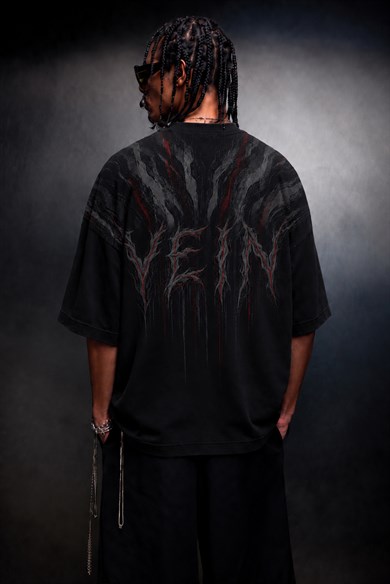Erkek Siyah Vein Baskılı Oversize Tshirt