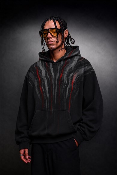 Erkek Siyah Vein Oversize Hoodie