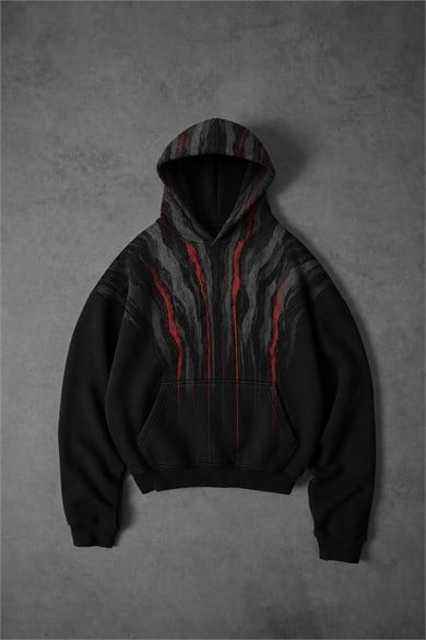 Erkek Siyah Vein Oversize Hoodie