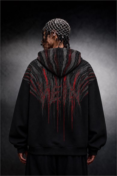 Erkek Siyah Vein Oversize Hoodie