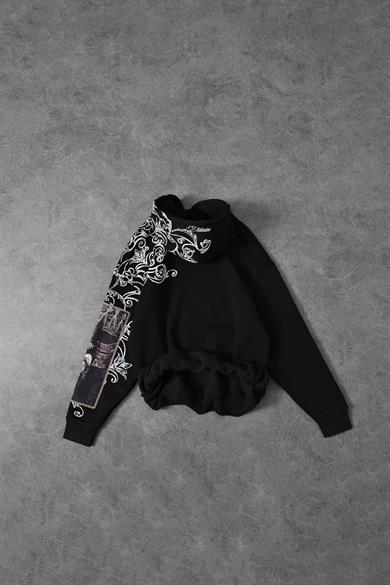 Erkek Siyah Victories Kol Patch Kapüşonlu Oversize Sweatshirt