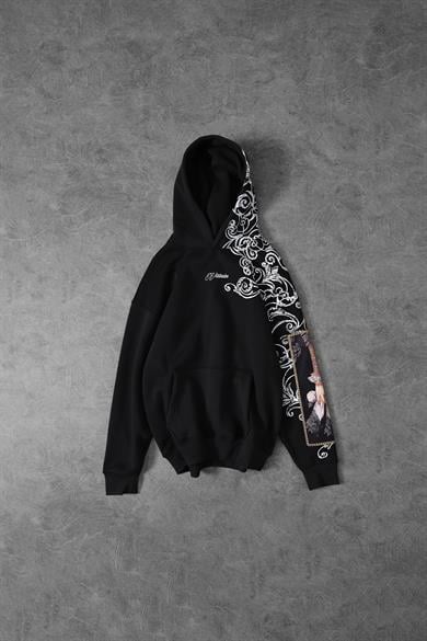 Erkek Siyah Victories Kol Patch Kapüşonlu Oversize Sweatshirt