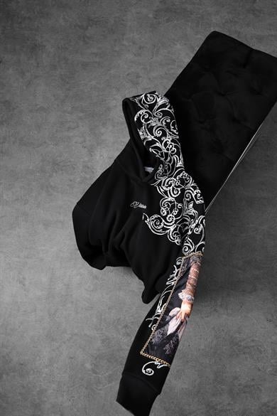 Erkek Siyah Victories Kol Patch Kapüşonlu Oversize Sweatshirt