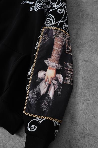 Erkek Siyah Victories Kol Patch Kapüşonlu Oversize Sweatshirt