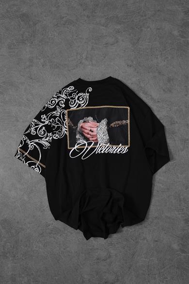 Erkek Siyah Victories Patch Nakışlı Oversize Tshirt