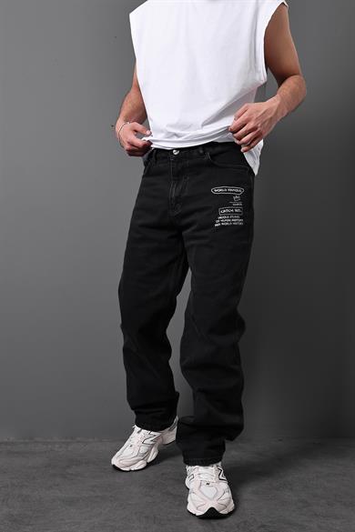 Erkek Siyah World Famous Baskılı Taşlı Baggy Pantolon