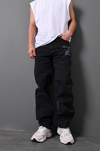 Erkek Siyah World Famous Baskılı Taşlı Baggy Pantolon