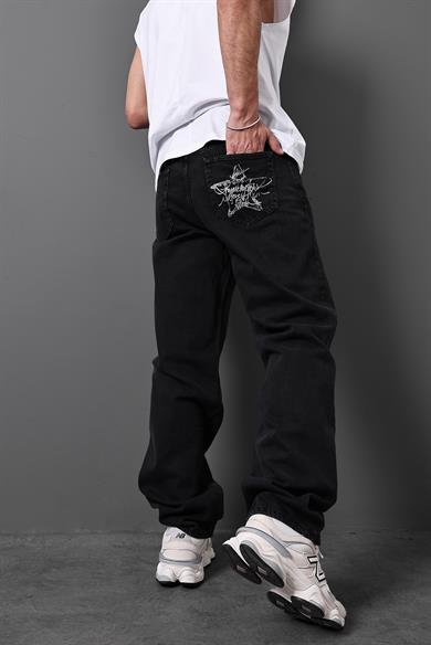 Erkek Siyah World Famous Baskılı Taşlı Baggy Pantolon