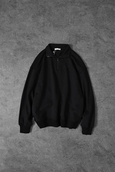 Erkek Siyah Yarım Fermuar Diagonel Kumaş Oversize Sweatshirt
