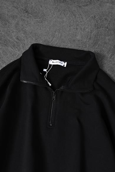 Erkek Siyah Yarım Fermuar Diagonel Kumaş Oversize Sweatshirt