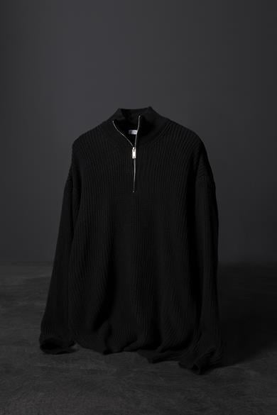 Erkek Siyah Yarım Fermuar Oversize Örme Kazak