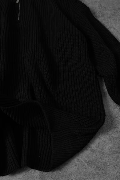 Erkek Siyah Yarım Fermuar Oversize Örme Kazak