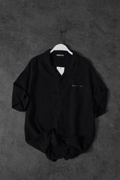 Erkek Siyah YOUNG ATELİER Baskı Oversize Fırça Pamuklu Gömlek