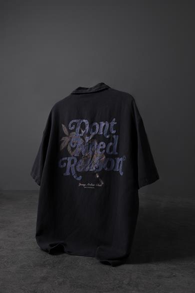 Erkek Siyah YOUNG ATELİER Baskı Oversize Fırça Pamuklu Gömlek