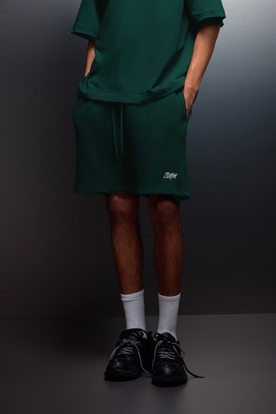 Erkek Slatra Yeşili Basic Nakışlı Diz Üstü Şort
