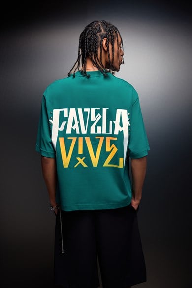Erkek Slatra Yeşili Favela Baskılı Zımbalı Box Fit Tshirt
