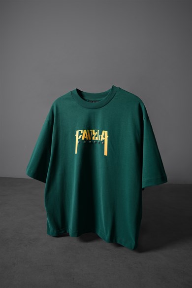 Erkek Slatra Yeşili Favela Baskılı Zımbalı Box Fit Tshirt