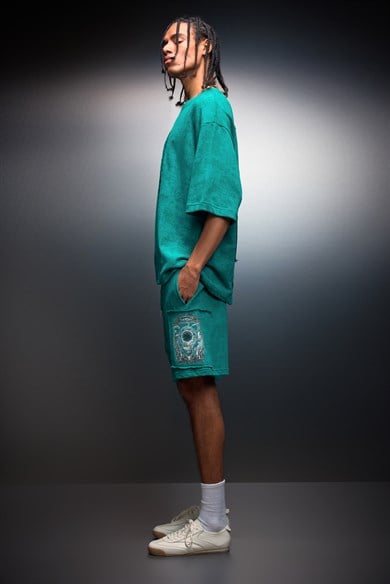Erkek Slatra Yeşili İnveniam Patchli Oversize Yıkama Efektli Tshirt