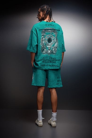 Erkek Slatra Yeşili İnveniam Patchli Oversize Yıkama Efektli Tshirt