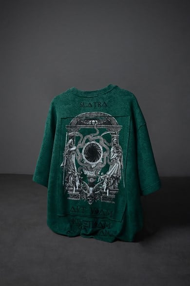 Erkek Slatra Yeşili İnveniam Patchli Oversize Yıkama Efektli Tshirt
