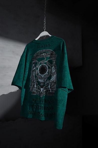 Erkek Slatra Yeşili İnveniam Patchli Oversize Yıkama Efektli Tshirt