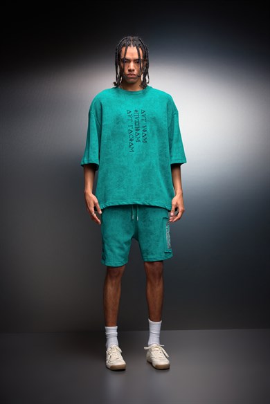 Erkek Slatra Yeşili İnveniam Patchli Oversize Yıkama Efektli Tshirt