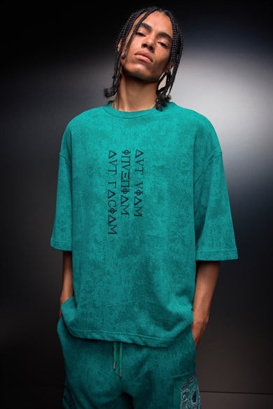 Erkek Slatra Yeşili İnveniam Patchli Oversize Yıkama Efektli Tshirt