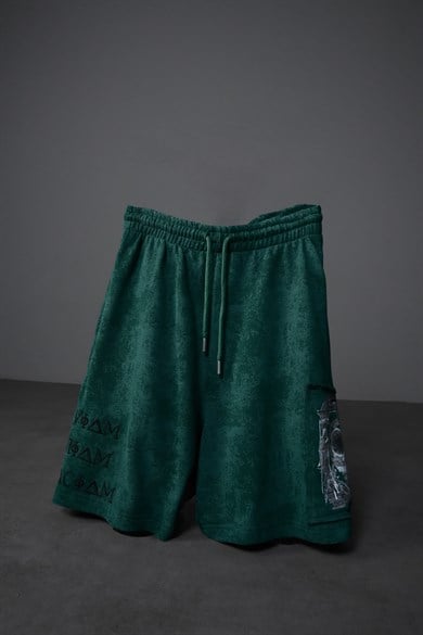 Erkek Slatra Yeşili İnveniam Pathcli Yıkama Efektli Diz Üstü Şort