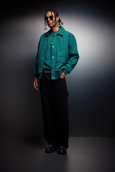 Erkek Slatra Yeşili Oversize Cepli Gabardin Ceket