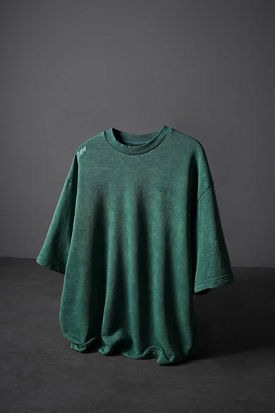 Erkek Slatra Yeşili Oversize Yıkama Efektli Basic Tshirt