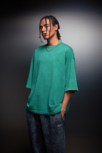 Erkek Slatra Yeşili Oversize Yıkama Efektli Basic Tshirt