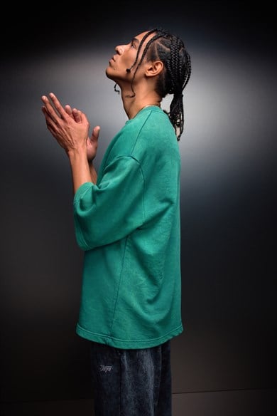 Erkek Slatra Yeşili Oversize Yıkama Efektli Basic Tshirt