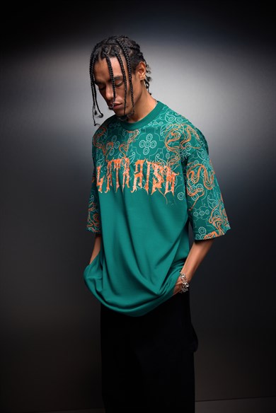 Erkek Slatra Yeşili Slatraism Kabartma Baskılı Oversize Tshirt