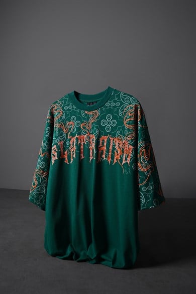 Erkek Slatra Yeşili Slatraism Kabartma Baskılı Oversize Tshirt