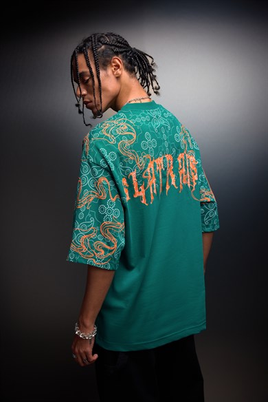 Erkek Slatra Yeşili Slatraism Kabartma Baskılı Oversize Tshirt