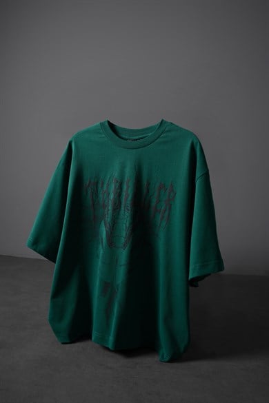 Erkek Slatra Yeşili Thriller Kabartma Baskılı Box Fit Tshirt