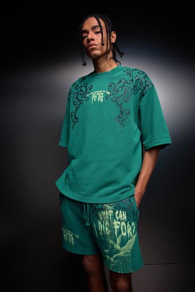 Erkek Slatra Yeşili What Can İ Die For Oversize Yıkama Efektli Tshirt