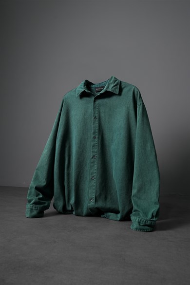 Erkek Slatra Yeşili Yıkama Efektli Uzun Kol Oversize Gömlek